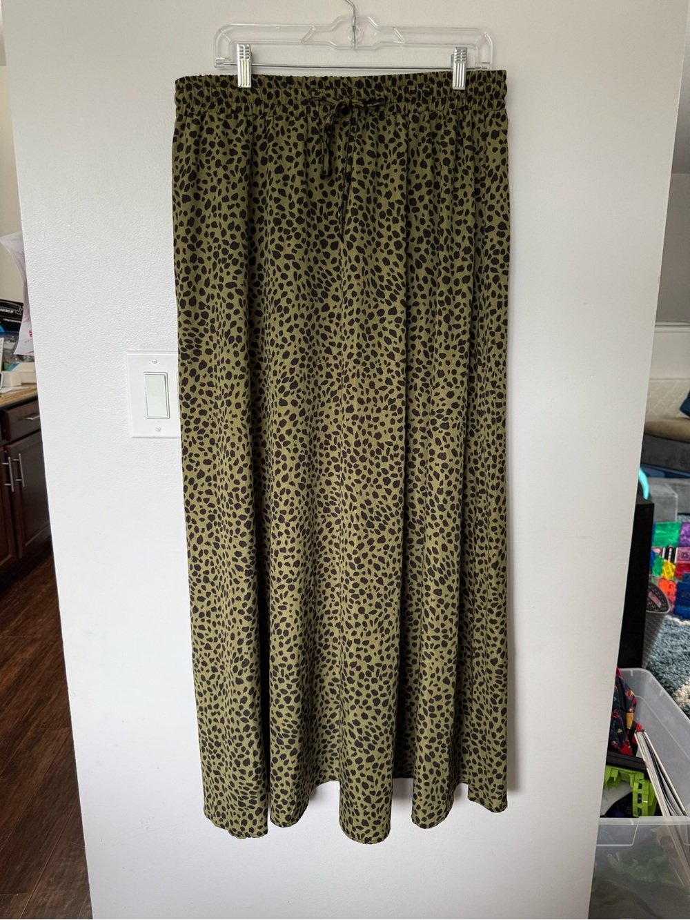 Olive Green Leopard Print Maxi Skirt with Drawstring Waist